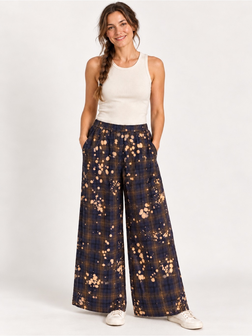 Jaded Gypsy Galaxy Awaits Pant Wide Leg Bleach Splatter Plaid Boho